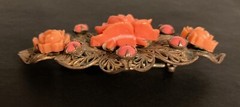 Vintage Rose Brooch Filigree Flower Floral Cut Out Prongs Leaf Peach Coral Pin