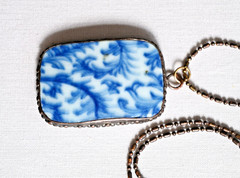 Vintage Blue and White Porcelain Shard Floral Botanical Pendant Necklace