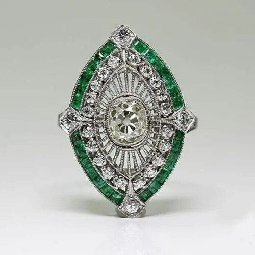 Art Deco 1.9Ct Round Lab Created Diamond & Emerald Engagement 925 Silver Ring