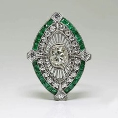Art Deco 1.9Ct Round Lab Created Diamond & Emerald Engagement 925 Silver Ring