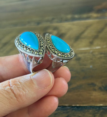 Marcasite Sterlling Silver Chunky Ring, Double Teardrop Turquoise Stone Ring