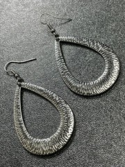 Dark Silver Tone Textured 2.8” Metal Dangle Hook Earrings