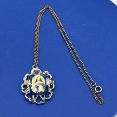 Vintage Virgin Mary Lucite Pendant Necklace Blue Faceted Religious Medal 18”