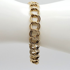 Fancy Double Circular Link Fancy Curb Shiny Gold Tone Vintage Chain Bracelet