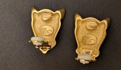 VTG Jackie Collins Panther Earrings Green Eyes Gold Tone Clip On Designs Signed