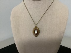 VTG/Antique brass?Czech? Garnet rhinestones Opalite glass pendant necklace 18″