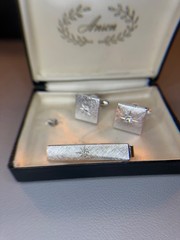 Vintage Anson Cuff Link Tie Bar Set – Original Box – Square – Silver Tone