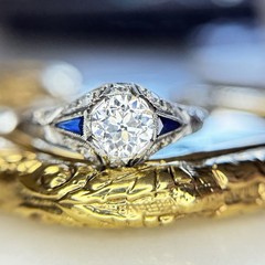 Art Deco Old European Cut Diamond Sapphire Engagement Ring