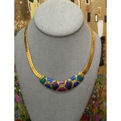 Vintage Enamel Jewel Tone Collar Necklace Womens Gold Tone Herringbone 16″