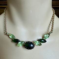 VTG MCM 1950s Necklace 14.5 Inch Green Rhinestone Emerald Glass Cabs Gold Plated