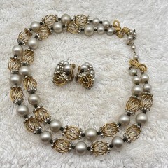 Vintage Vendome Jewelry Set Faux Pearl Gold Tone Cage RARE Signed
