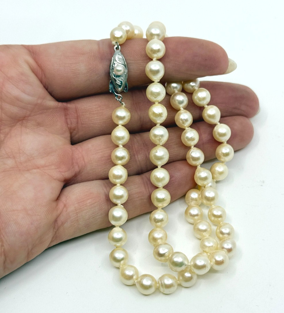 Vintage Baroque Sterling Silver Saltwater Akoya Pearl Necklace 17.75″ Japan