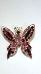 Vtg Juliana Style Butterfly Brooch Red Pink AB Rhinestone Gold Tone Pin RETRO