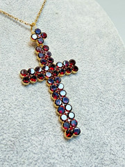 Antique Art Deco Gild Gold Table Cut Bohemian Garnets Cross Neck Pendant 2.75”