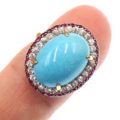 14k Solid Yellow Gold Natural Turquoise White Sapphire and Ruby HALO Ring Sz 5