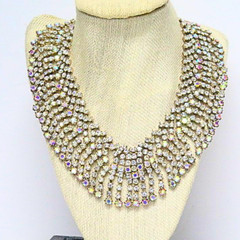 Vintage AB Rhinestone Fringe Bib Statement Necklace Silver Tone Glam