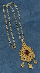 Vintage 60s Hollycraft Ornate Rhinestone Necklace Pendant Yellow Brown Gold Tone