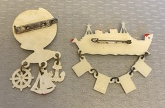 Vintage Celluloid Brooch Lot 2 Globe Ship Ocean Liner Dangling Flag Charms