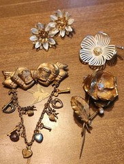 Vintage Jewelry Lot – Gold Tone And White – Brooches – Owl Necklace – Marked