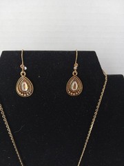 Vintage Style Brass Tone Iridescent Amber Cabochon Drop Necklace & Earrings Set