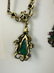 Vintage Unsigned Faux Jade Gems Drop Necklace Earring Set Victorian Style READ
