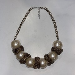 Vintage 80s Glam Chunky Runway Faux Pearl Gold Tone Mesh Snake Chain Necklace