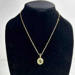 Gold Tone Blue Oval Rhinestone Halo Pendant Necklace Elegant Vintage Style