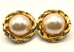 Vintage Estate Clip-On Glam Retro Earrings Faux-Pearl Gold/Silver Tone 1970-90s