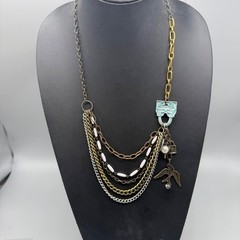 Plunder Multi-Layer Chain Pendant Necklace Bird & Pearl Charms 24 Inch Mixed Met