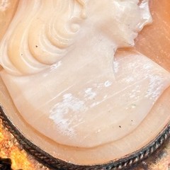 CAMEO brooch antique pink white trombone clasp brass frame heavy verdigris