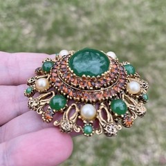 Vintage Karu Arke Inc. Rhinestones Faux Pearls Faux Jade Pendant Brooch