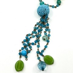 Vintage Y2K Blue & Green Beaded Tassel Necklace Boho Chic Long Lariat Style