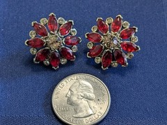 Monet Signed Red Rhinestone Clip On Earrings Gold Tone Marquise Cluster Vintage