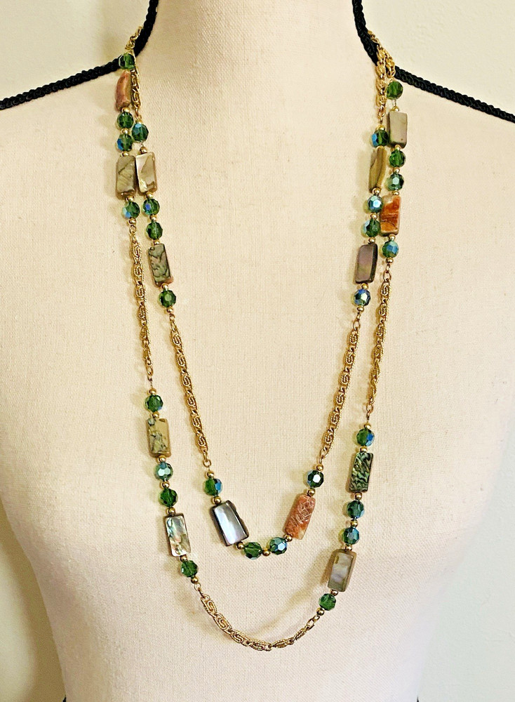 Vintage 80s NAPIER Necklace Abalone Mother Of Pearl & Green Crystals Boho Fairy