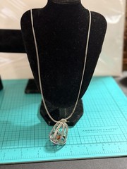 Vintage Silver Tone Bird Cage Pendant Necklace with Turquoise Bird 19”