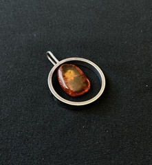 Vintage Mid Century Sterling Silver Baltic Amber Circle Pendant Modernist 5g