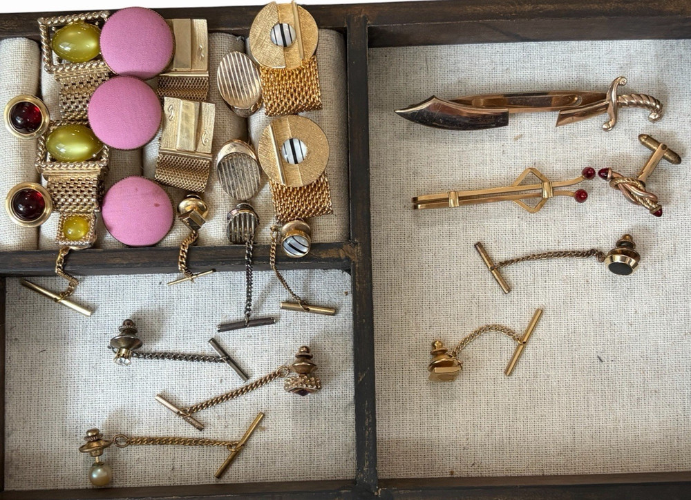 Vintage Men’s 25 Pc Mixed Gold LOT Tie Clips, Bars, Cuff Links, Wraps Costume