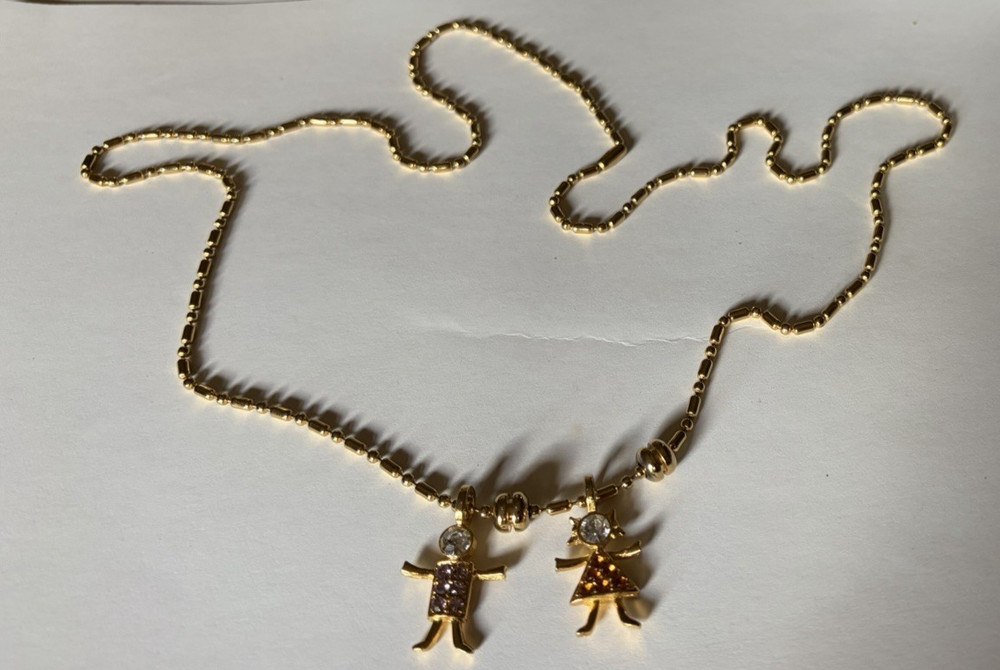 Vintage K.I.S. USA Boy Girl Charms Gold Tone Beaded Chain Necklace 30″L