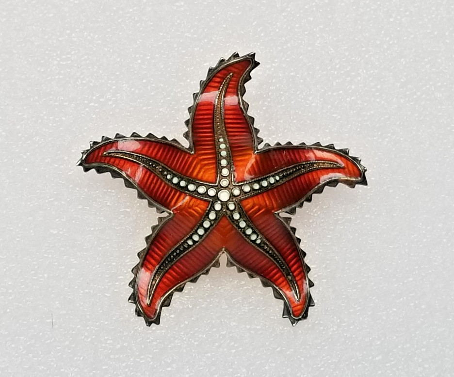 Vtg Norway Ivar Holth Gilt Sterling Silver Enamel Starfish Brooch 45mm 8.18 gram