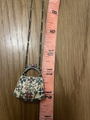 VCLM Tiny Purse Pendant Necklace Silver Tone Enamel Rhinestones Vtg Coquette