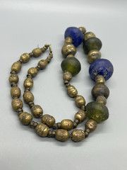 Vintage Blue Green Tumbled Glass Brass Beaded Necklace 24”