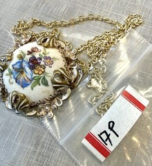 Vintage W Germany Floral Porcelain Filigree Pendant Necklace Gold Tone Enamel