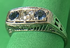18k White Gold Art Deco Natural European Cut Diamond & Sapphire Ring