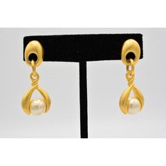 Vintage Dangle Pearl Drop Earrings Brushed Gold Matte Door Knockers 1980s BinAR