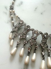 Vintage Ornate Carol Lee Rhinestone Faux Pearl Drop Choker Necklace Deco Gala