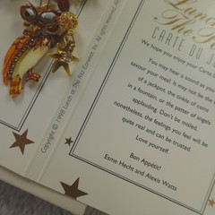Lunch at the Ritz Earrings Owl Owlio E Olio Clip On Signed Menu Card