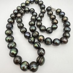 Vtg JTV Sterling Silver KTC Black Pearl Necklace Peacock 10,6mm 24” 85gr