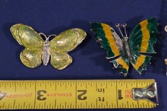 2 Butterfly Brooch Pins Green & Yellow,3 Prs Earrings Gold & Red,J12