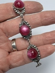 60s Pink Lucite Cabochon Link Bracelet Mid Century Modern Silver Plated