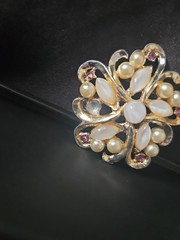 Vintage Brooch Pin Faux Pearl Opal And Purple Rhinestone Costume Jewelry 2 Inch